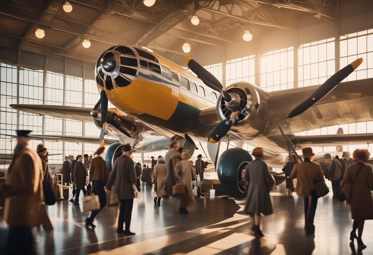 Passengers boarding a vintage airplane, with a backdrop of historic aviation posters and artifacts, showcasing the evolution of air travel