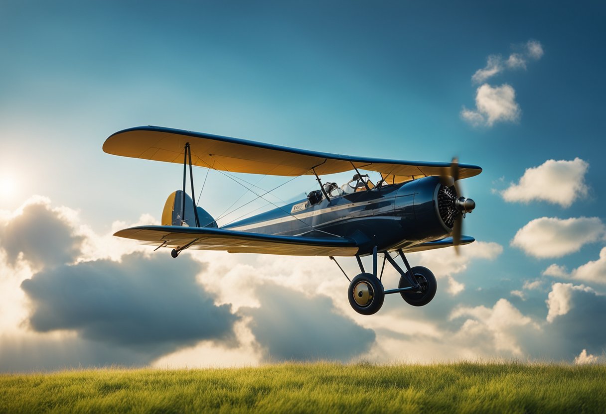 A biplane soars above a grassy field, with a backdrop of a blue sky and fluffy white clouds. The sun is just beginning to rise, casting a warm glow over the scene