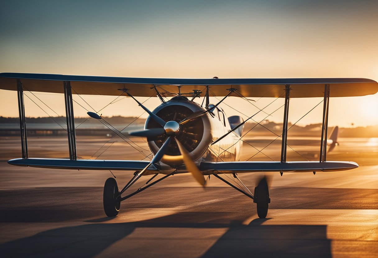 A vintage biplane soars above a bustling airport, surrounded by modern jets. The sun sets in the background, casting a warm glow over the scene
