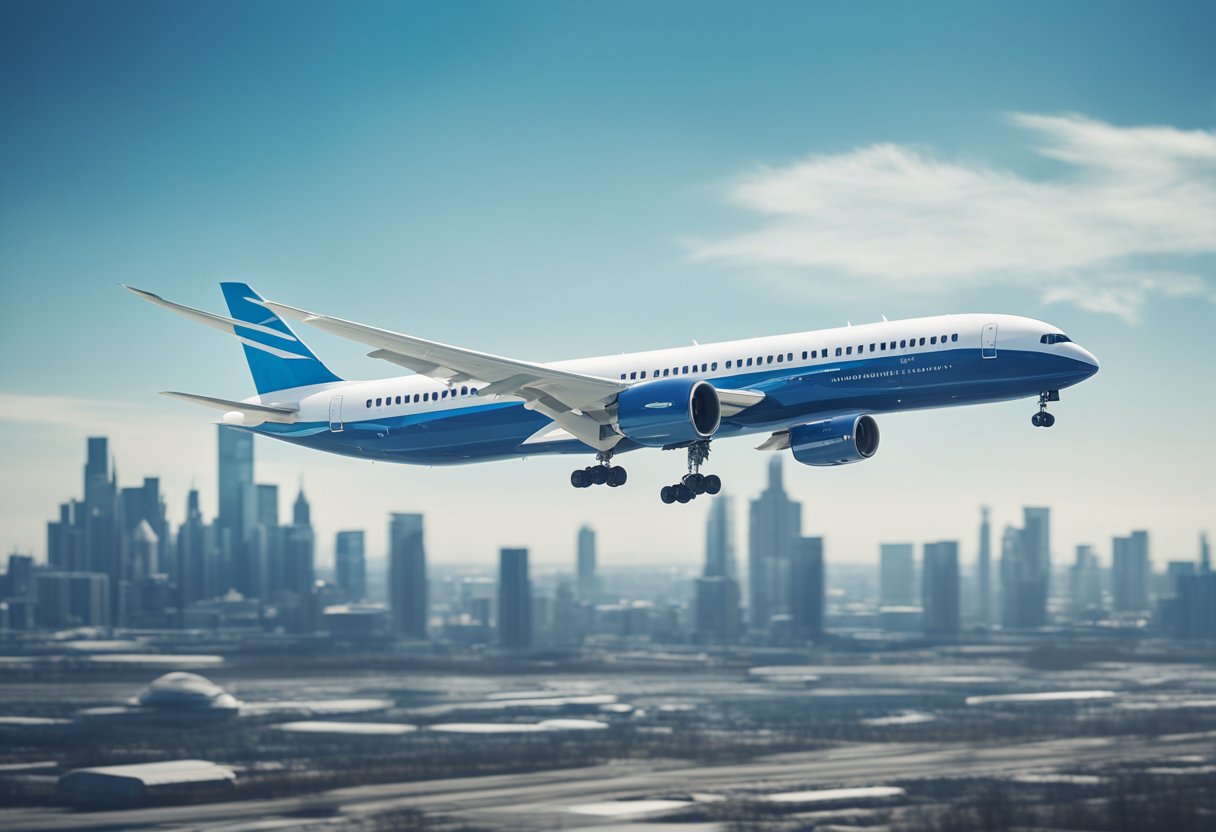 A sleek commercial airliner soaring through a clear blue sky, with a backdrop of futuristic airports and bustling runways below