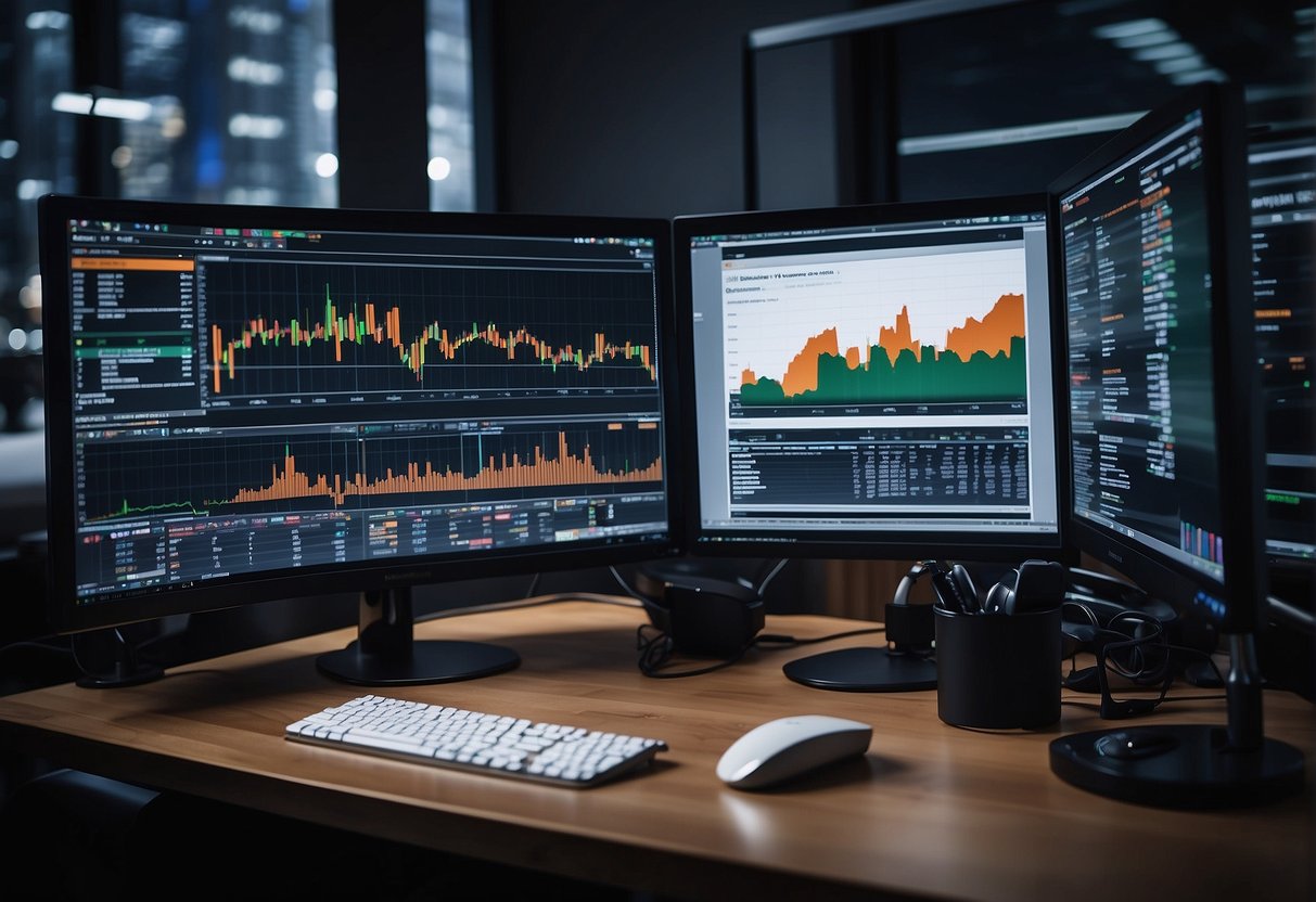 A computer screen displaying stock charts and financial data, surrounded by multiple monitors and a desk cluttered with papers and trading tools