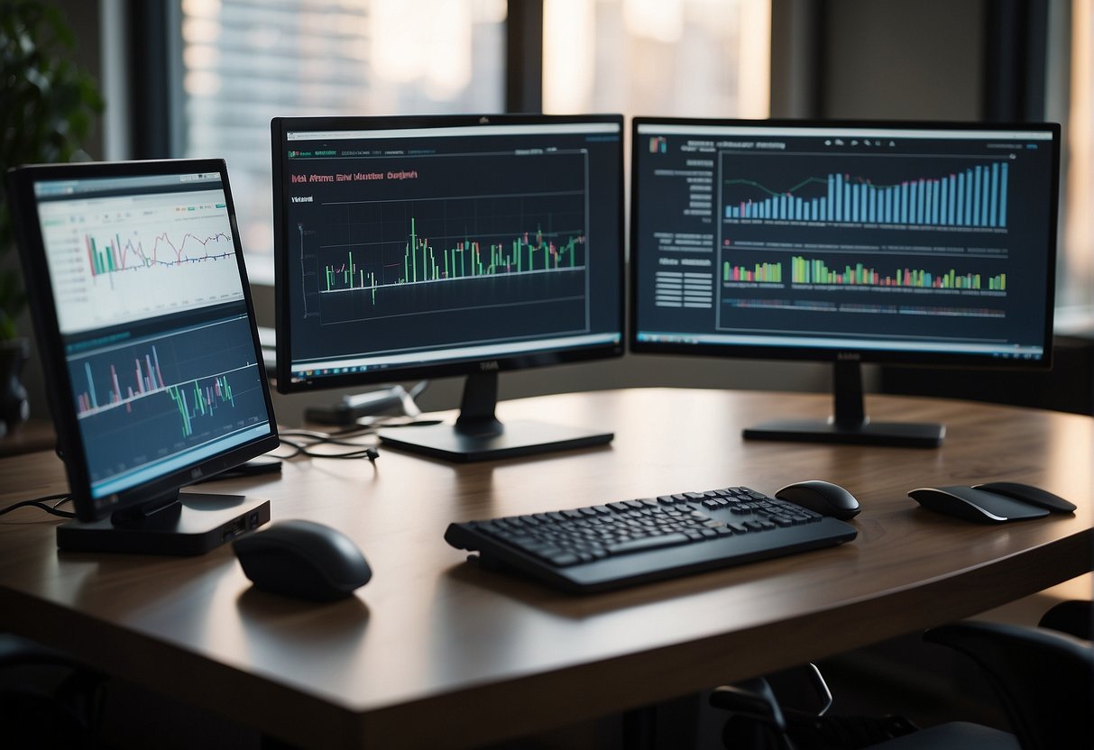 A computer desk with multiple monitors, a keyboard, and a mouse. Charts and graphs displayed on the screens. A phone and notebook nearby