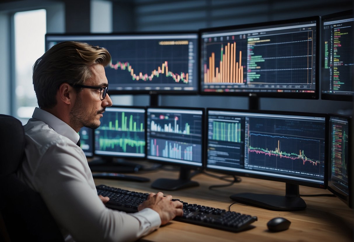 A person sitting at a desk with multiple computer screens, analyzing stock charts and financial data, surrounded by books on psychology and discipline