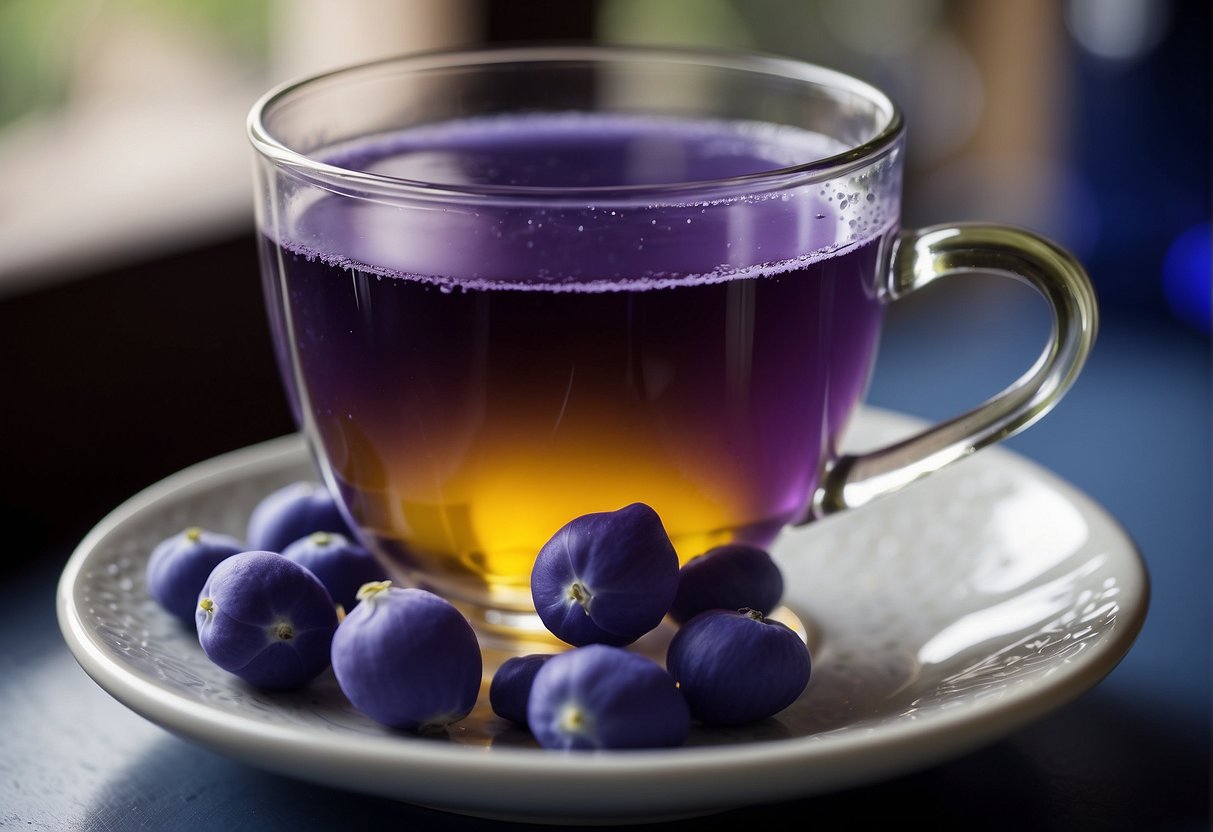 A cup of butterfly pea tea changes from blue to purple when lemon juice is added. The taste is earthy and slightly bitter, with a hint of sweetness