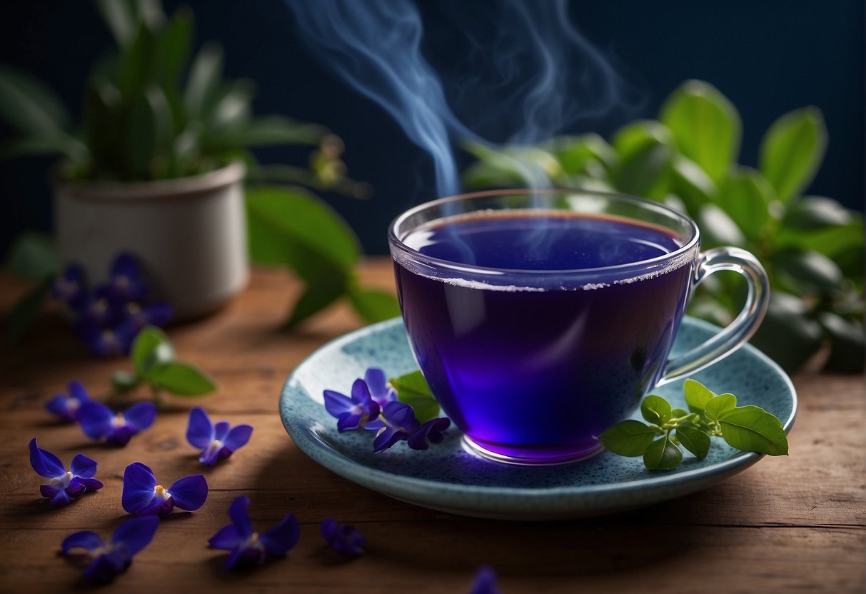 A steaming cup of butterfly pea tea sits on a wooden table, emitting a deep blue hue. The aroma of earthy, floral notes wafts through the air, inviting a sip of its subtly sweet and slightly vegetal flavor