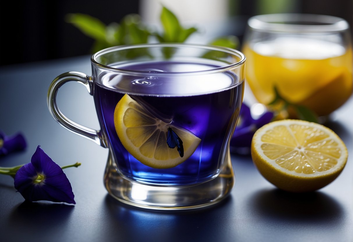 A teapot pours blue butterfly pea tea into a clear glass, swirling and changing color with a lemon slice added