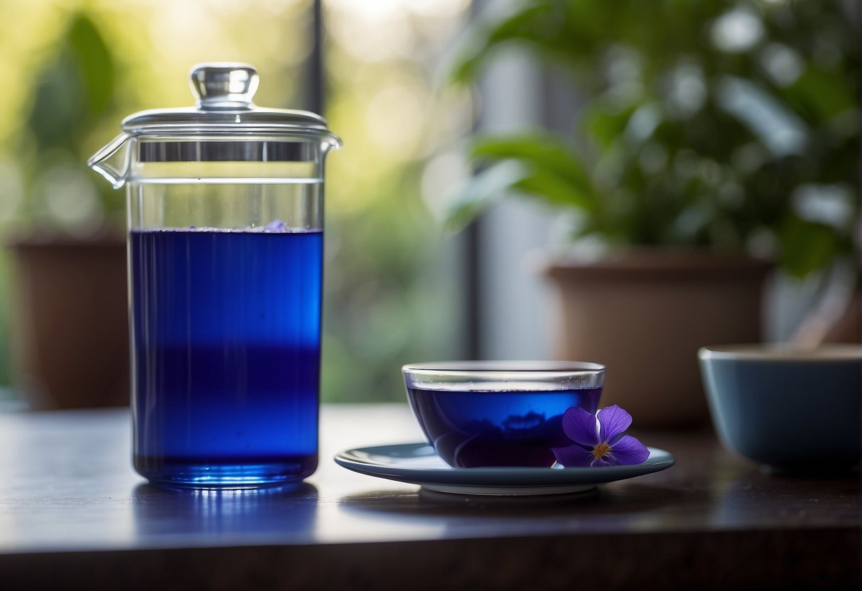 Butterfly pea tea sits next to other teas, its vibrant blue color standing out. A delicate floral aroma wafts from the cup, hinting at a subtle earthy and slightly sweet flavor