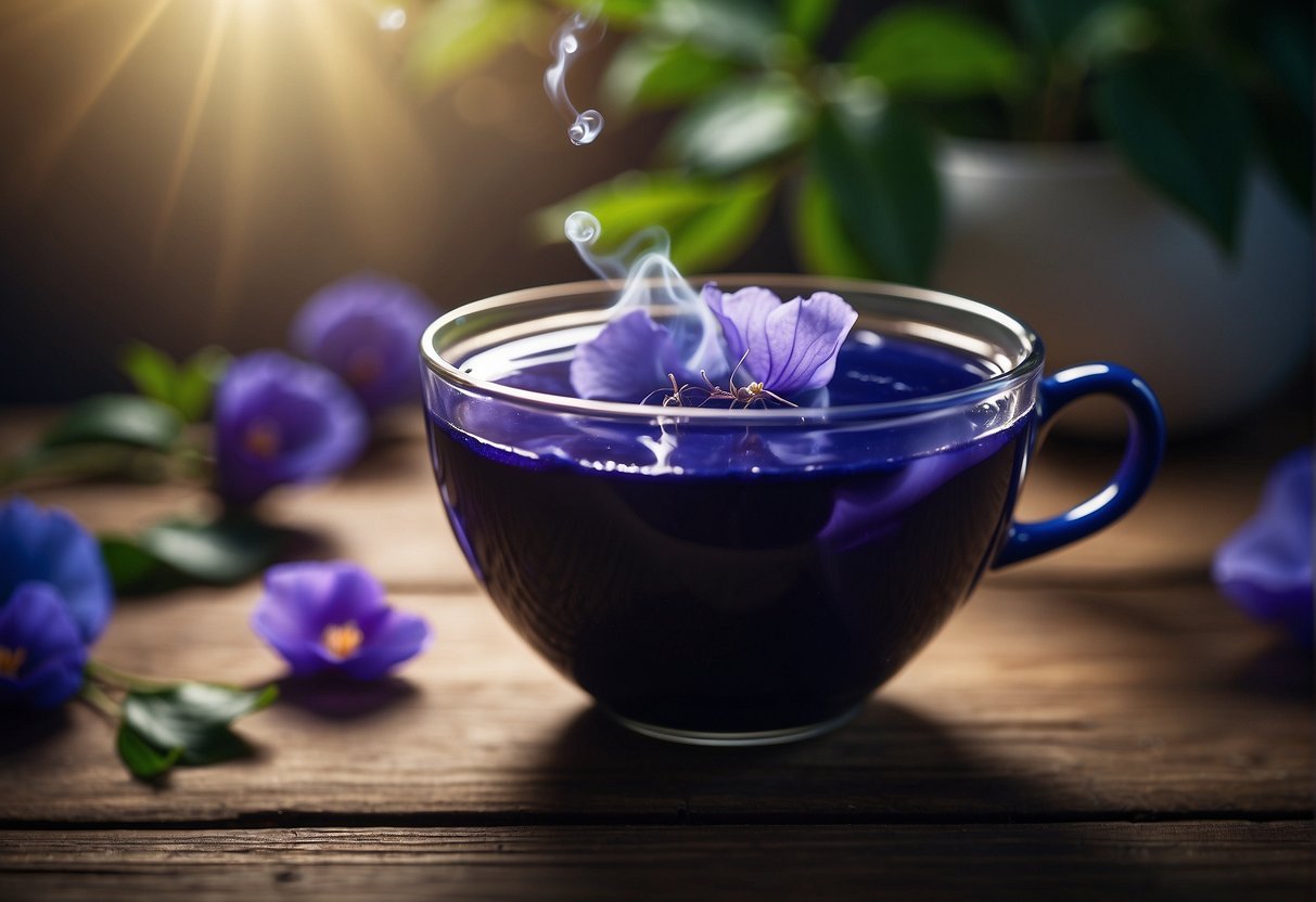 A cup of butterfly pea tea sits on a wooden table. The deep blue color of the tea contrasts with the white ceramic cup. Steam rises from the surface, carrying a delicate floral scent