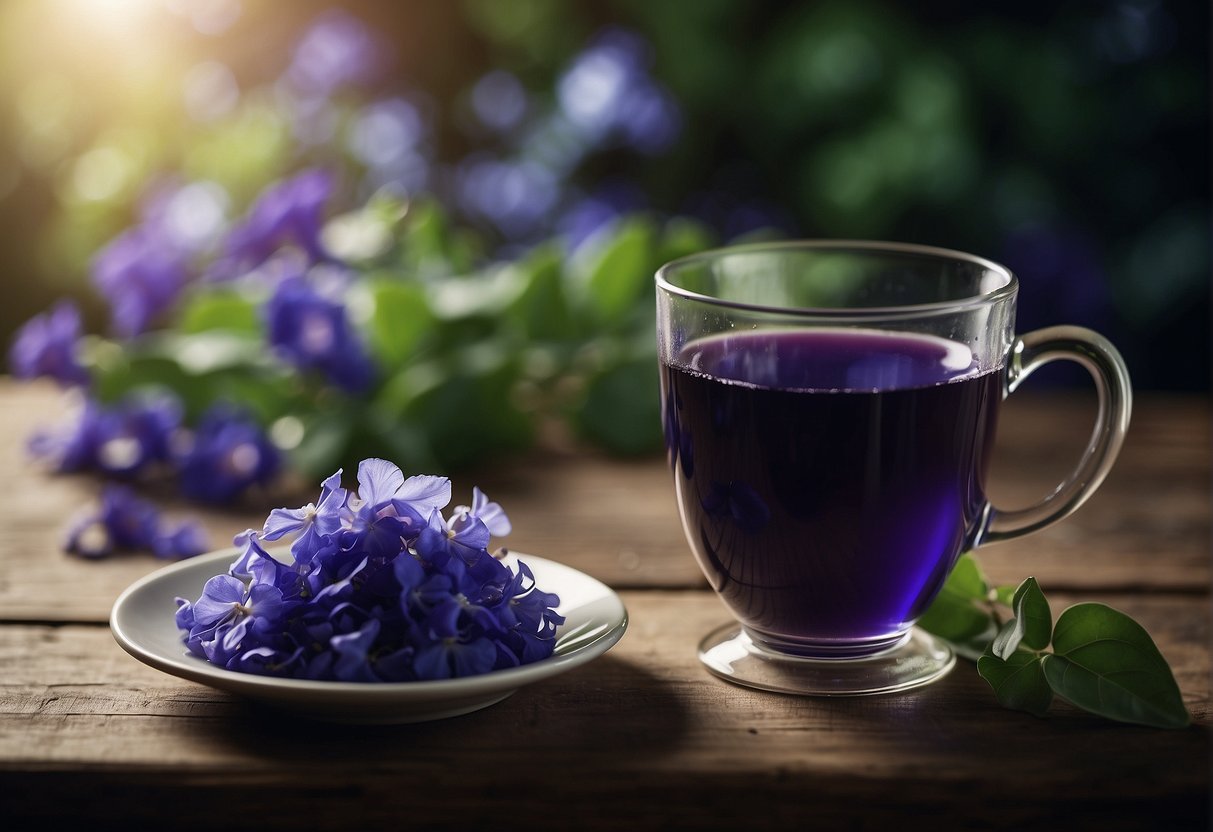 A cup of butterfly pea tea sits on a wooden table, emitting a deep blue hue. The aroma of the tea is delicate and floral, with a hint of earthiness