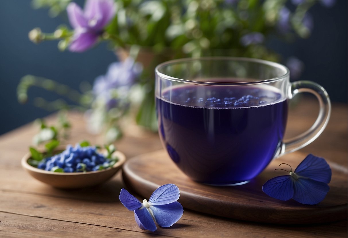 A cup of butterfly pea tea sits on a wooden table, its vibrant blue color contrasting against the neutral background. The steam rises from the cup, carrying with it a delicate floral aroma
