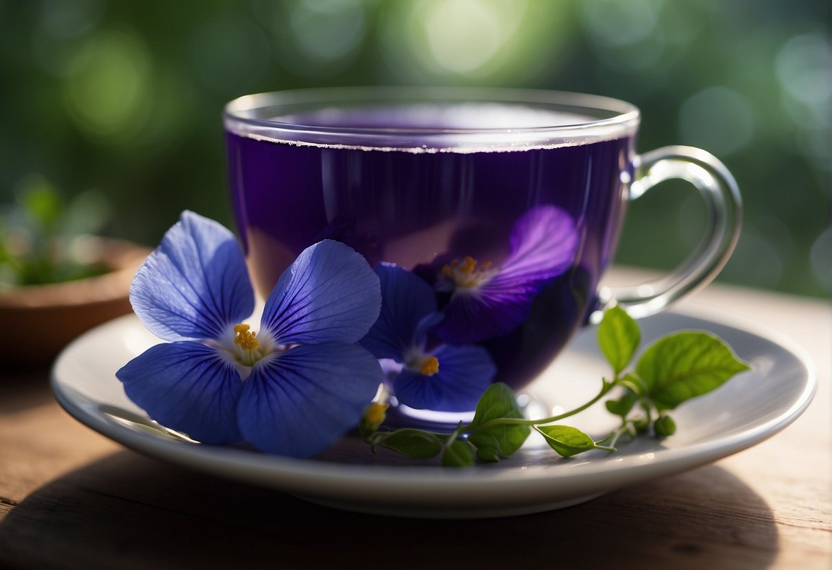 A teacup filled with blue butterfly pea tea, emitting a delicate floral aroma, with a hint of earthiness and a slightly sweet, refreshing taste