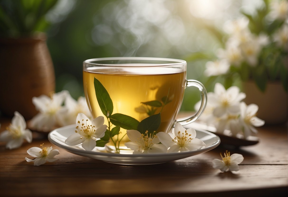 A cup of jasmine tea sits on a wooden table, emitting a delicate floral aroma. The tea is pale yellow in color and has a light, refreshing taste with subtle hints of sweet floral notes