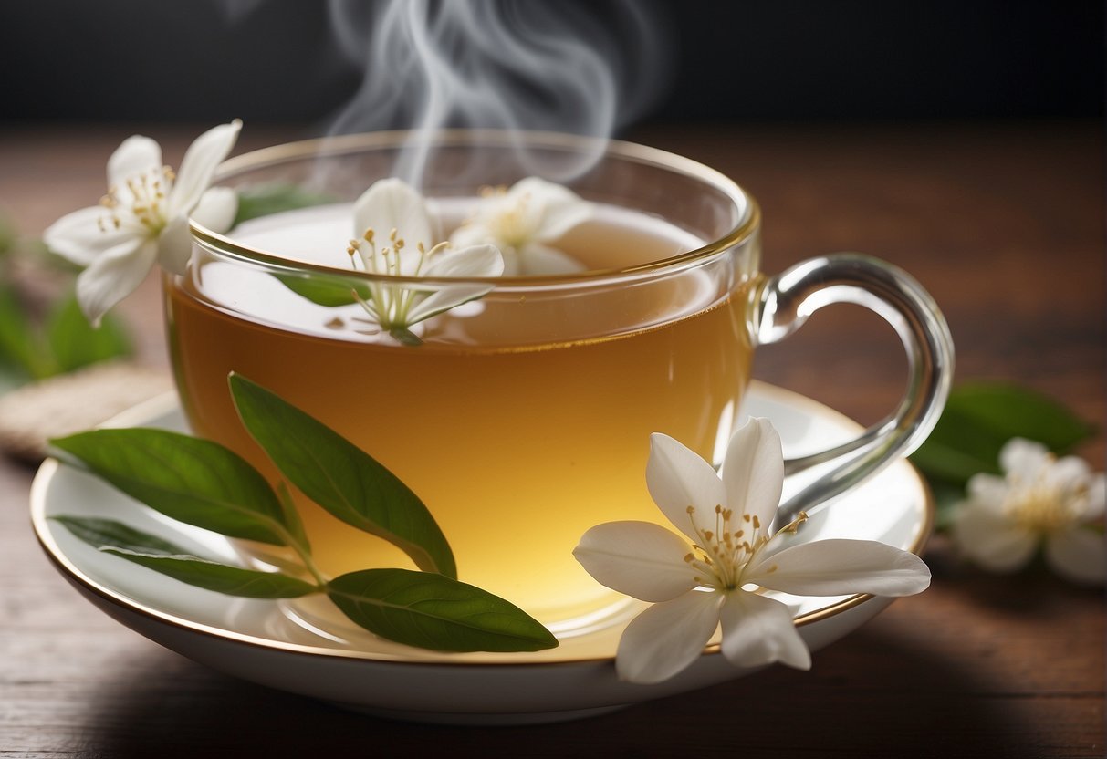 A steaming cup of jasmine tea emits a delicate floral aroma, with hints of sweet and soothing notes, evoking a sense of calm and tranquility