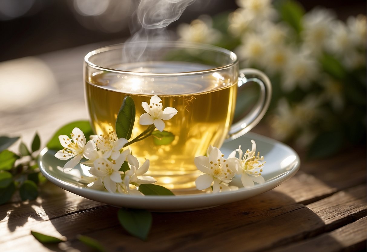 A cup of jasmine tea sits on a wooden table, emitting a delicate floral aroma. The tea is pale yellow in color, with a light, refreshing taste that is reminiscent of the sweet scent of jasmine flowers