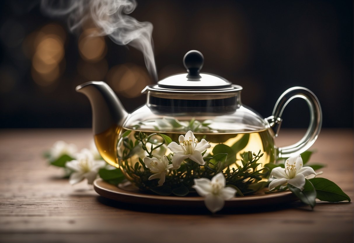 Steam rises from a delicate teapot, releasing the aroma of jasmine flowers. Loose tea leaves swirl in hot water, infusing the liquid with a sweet, floral fragrance