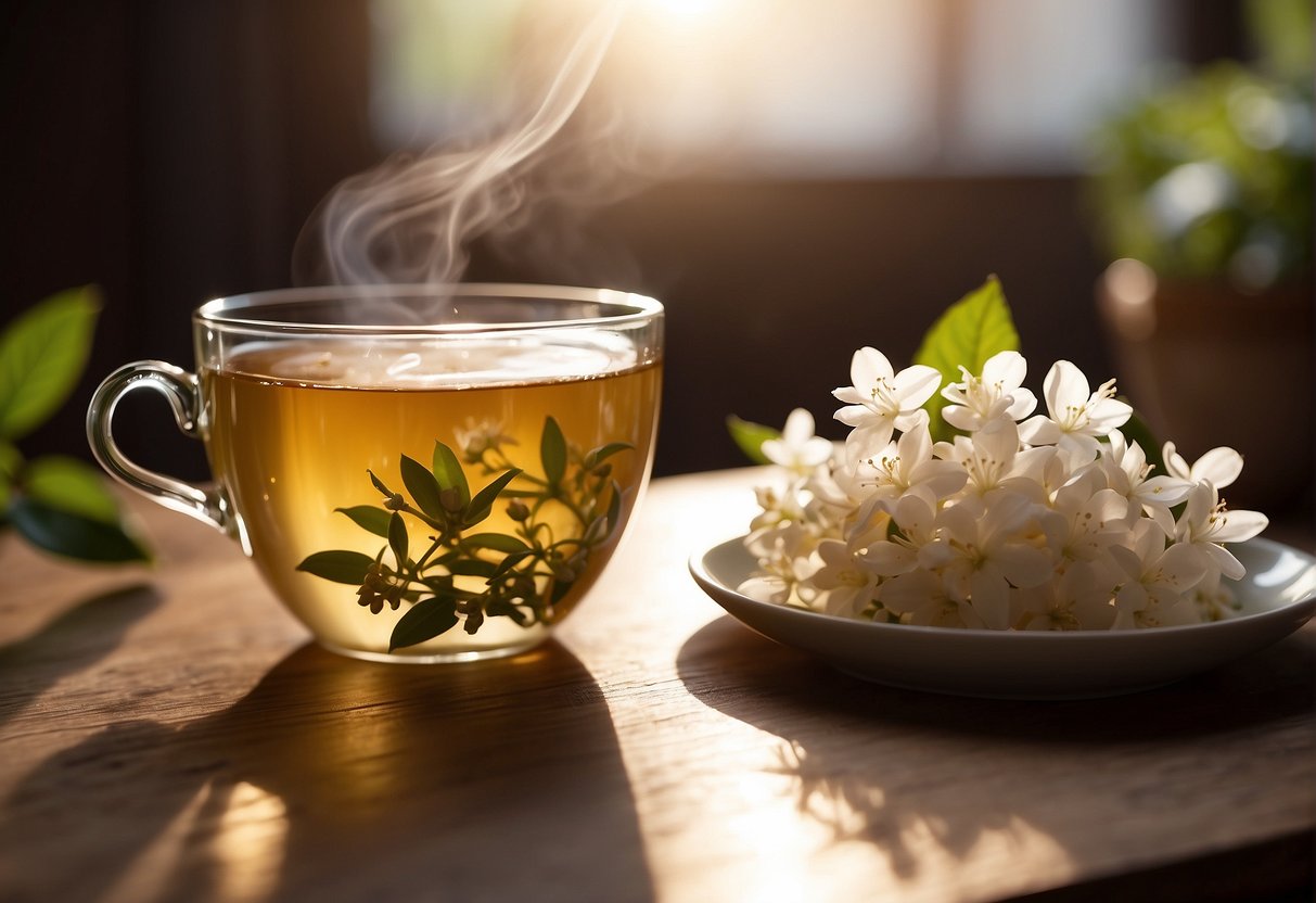 A steaming cup of jasmine tea sits on a wooden table, emitting a delicate floral aroma. The tea has a light golden color and a smooth, sweet taste with subtle floral notes