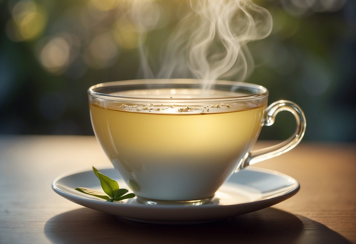 A steaming cup of jasmine tea sits on a delicate saucer, emitting a fragrant, floral aroma. The pale yellow liquid glistens in the soft light, promising a delicate and soothing taste