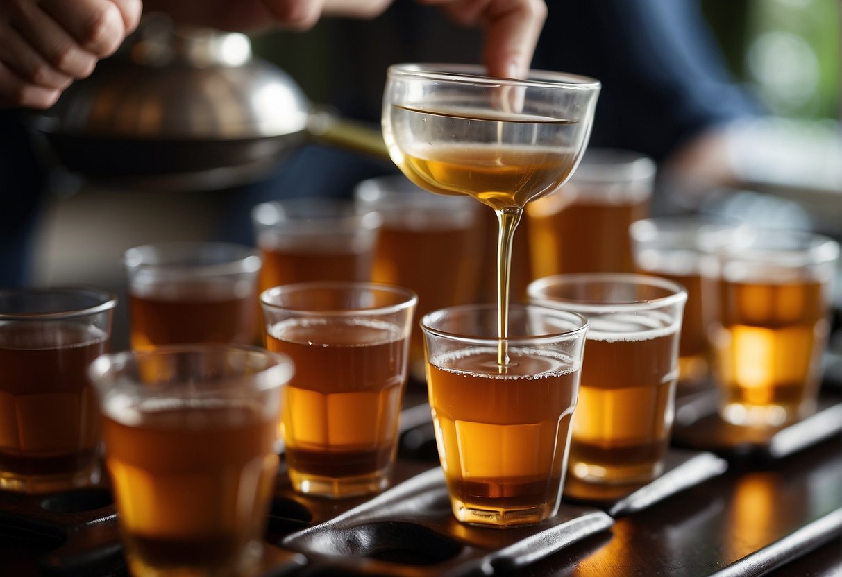 A gallon of tea is poured into individual cups, each cup representing a serving. A person counts the number of cups to determine the servings per gallon