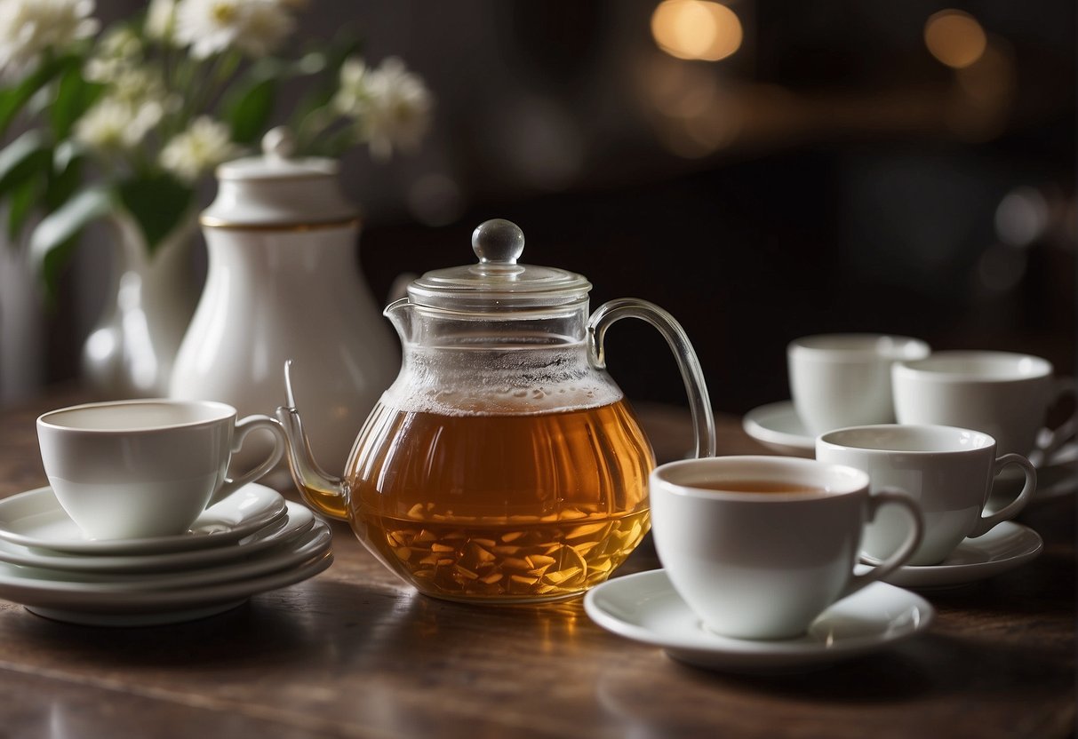 A gallon of tea sits on a table, surrounded by empty cups and saucers. A measuring cup is nearby, indicating the process of serving and portioning out the tea