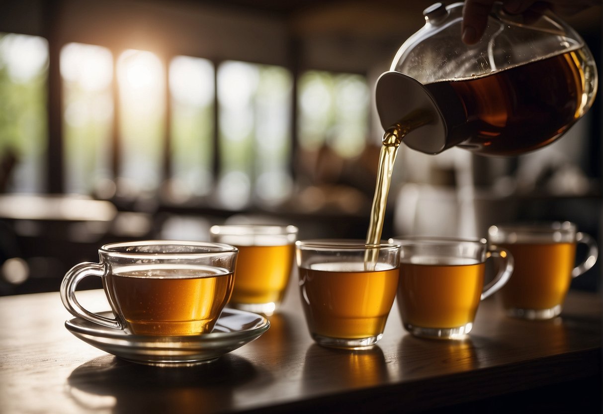 A gallon of tea serves approximately 16 people. The tea is poured into various sized serving vessels, including cups, mugs, and pitchers