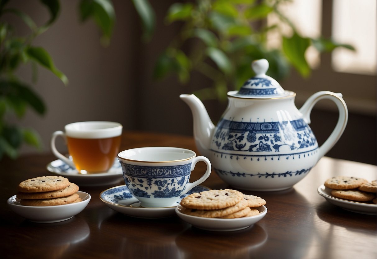 A tea set on a table with cups, saucers, and a gallon pitcher. A teapot and strainer are nearby. A small plate of cookies is also on the table