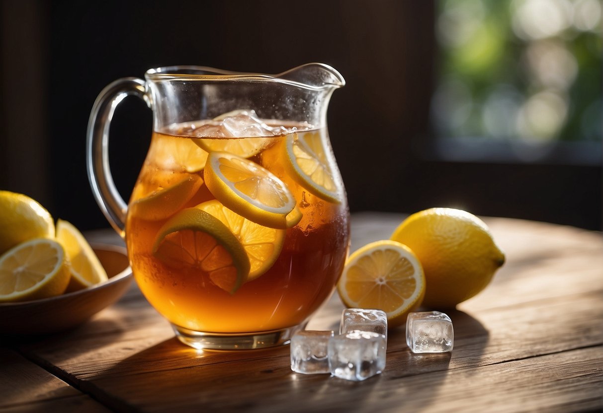 A glass pitcher of unsweet tea sits on a wooden table, surrounded by fresh lemon slices and ice cubes. A nutrition label displays the calorie count