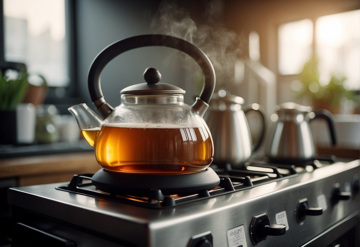 A teapot steams on a stove, surrounded by various brewing equipment. A nutrition label displays the calorie count for unsweetened tea