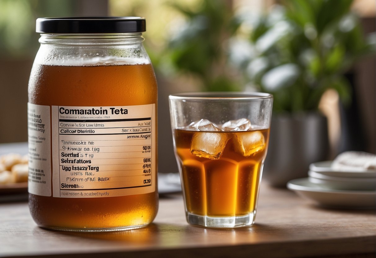 A glass of unsweetened tea sits on a table beside a nutrition label with the words "Comparative Caloric Analysis." The label displays the calorie count for unsweet tea