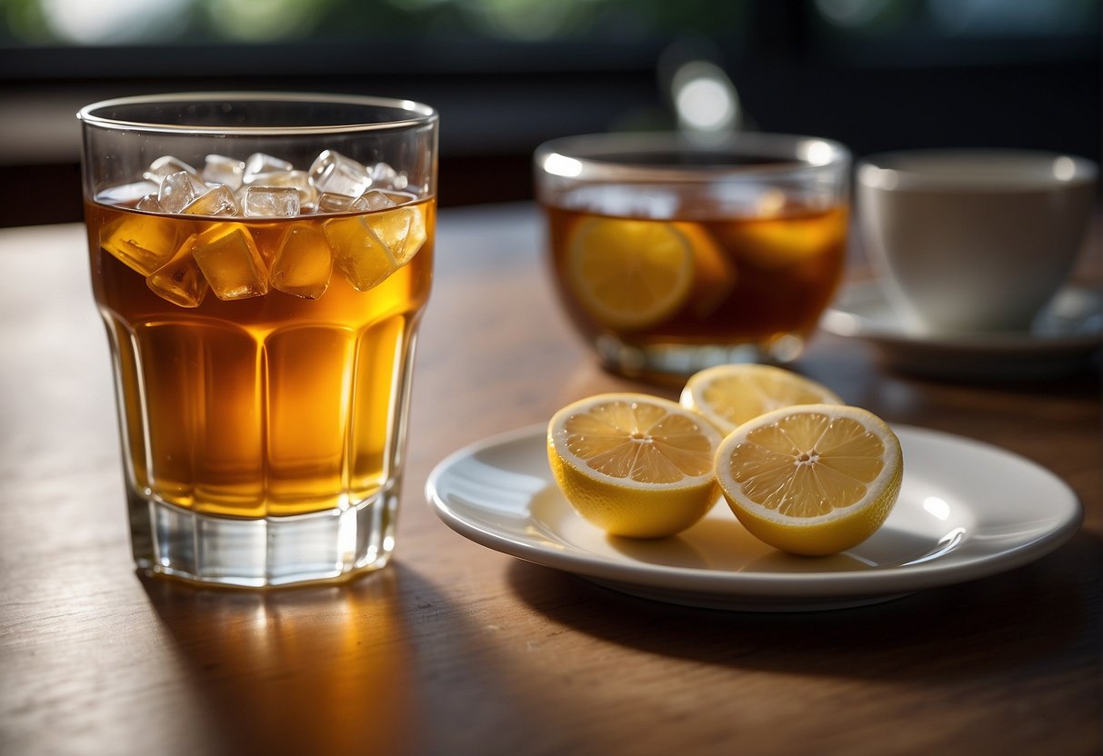 A glass of unsweetened tea sits on a table, with a calorie counter next to it. The liquid is clear and the glass is half full