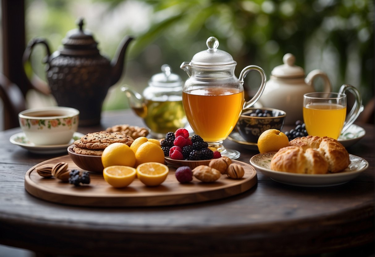 A table set with various tea varieties, accompanied by fruits and pastries, inviting non-tea drinkers to explore and enjoy the diverse world of tea