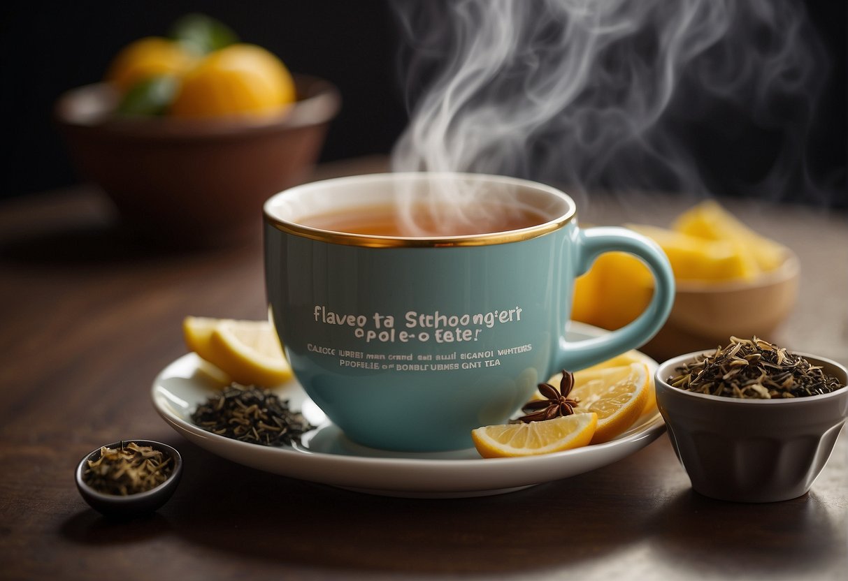 A steaming cup of tea with various flavoring options displayed next to it. A sign reads "Flavor Enhancement Strategies: tea for people who don't like tea."