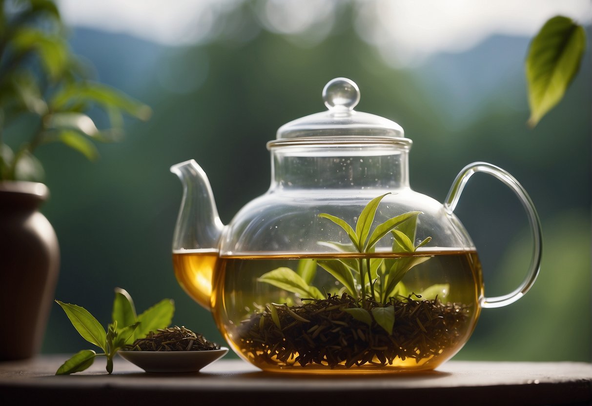 Tea leaves steep in a clear glass teapot. Delicate steam rises as a timer ticks. A soft, floral aroma fills the air