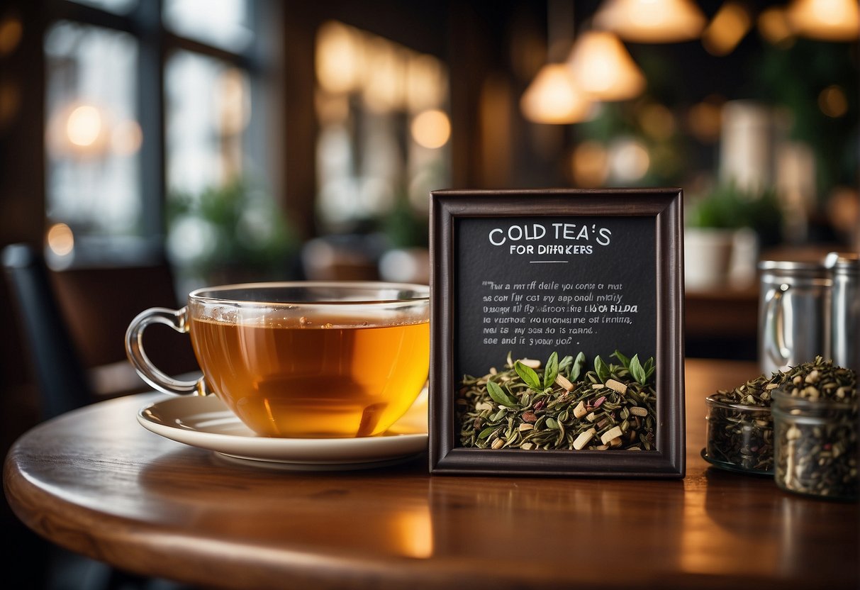 A table with various tea blends and a sign reading "Cold Teas for Non-Tea Drinkers" in a cozy, inviting cafe setting