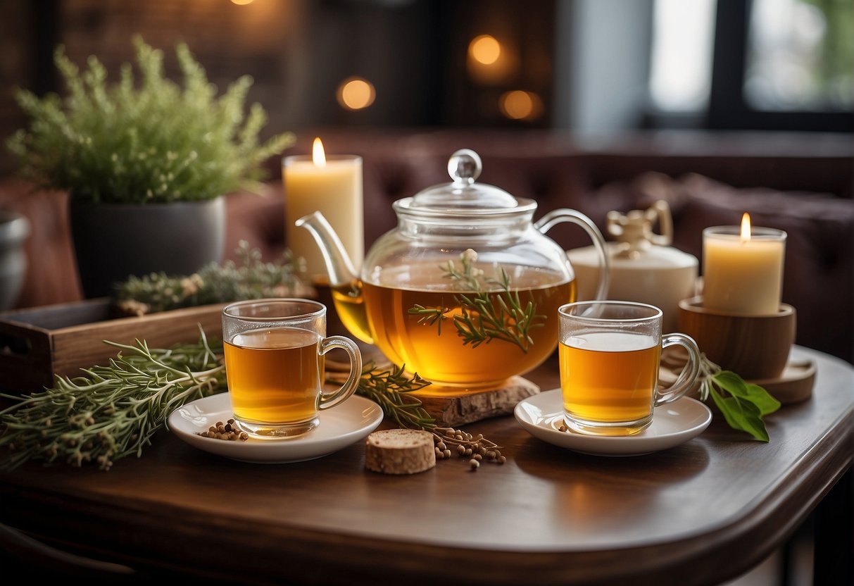 A table with various herbal infusions and teapots, surrounded by cozy seating and a warm, inviting atmosphere
