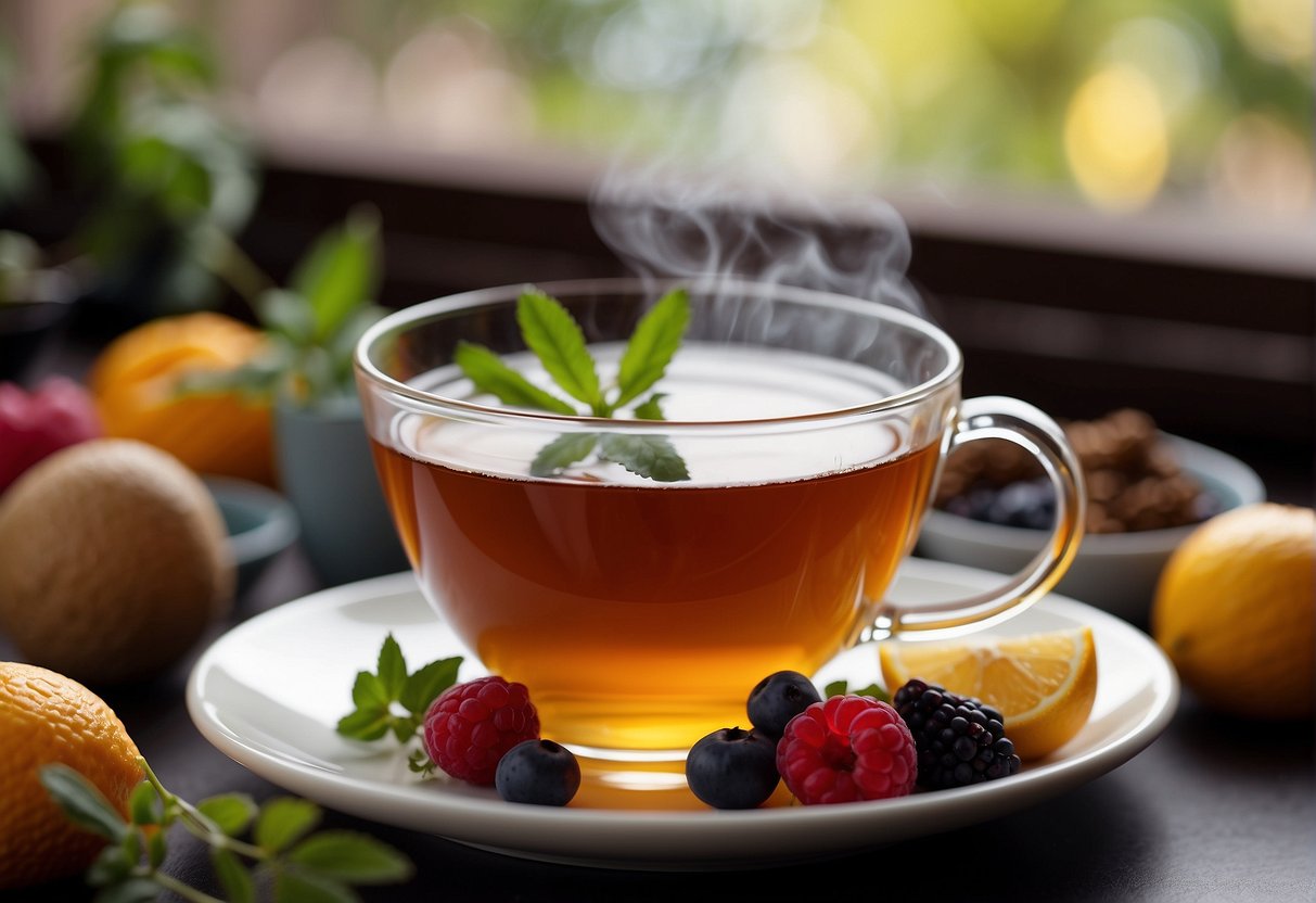 A steaming cup of tea surrounded by colorful herbs and fruits, with a gentle aroma wafting through the air