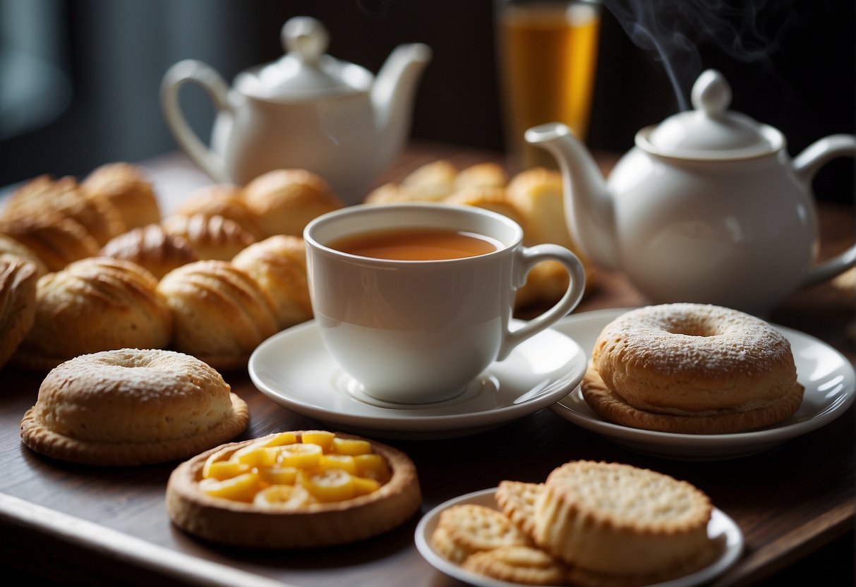 A steaming cup of tea sits next to a spread of pastries and savory snacks, invitingly paired for those who typically don't enjoy tea