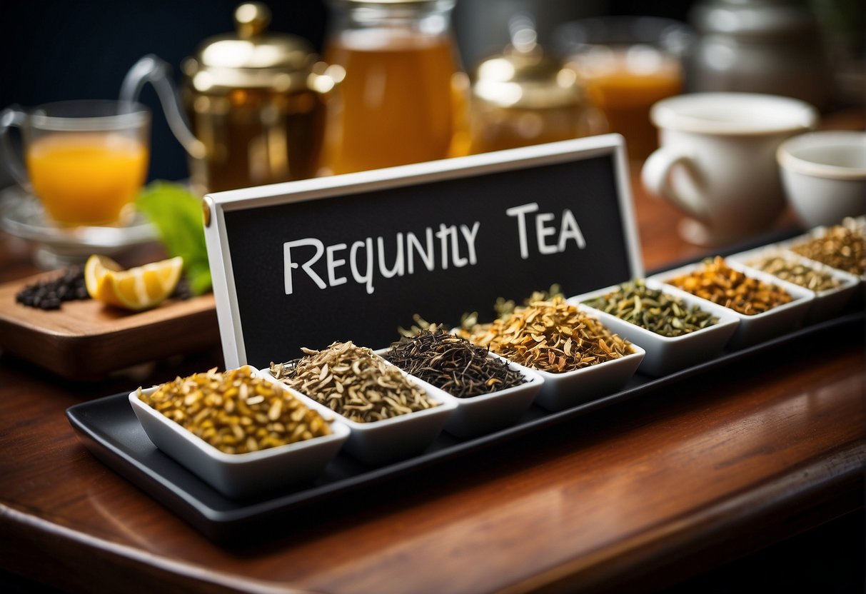 A table with an assortment of non-traditional tea flavors and a sign reading "Frequently Asked Questions tea for people who don't like tea."