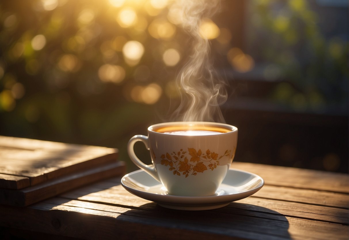 A steaming cup of tea sits on a wooden table, illuminated by warm sunlight, showcasing its rich amber color