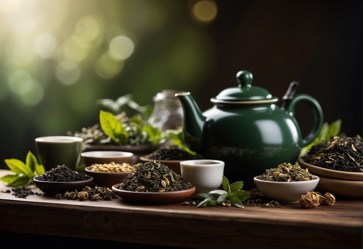 A table with various tea types: green, black, herbal, oolong. Each type displayed in its unique color variation