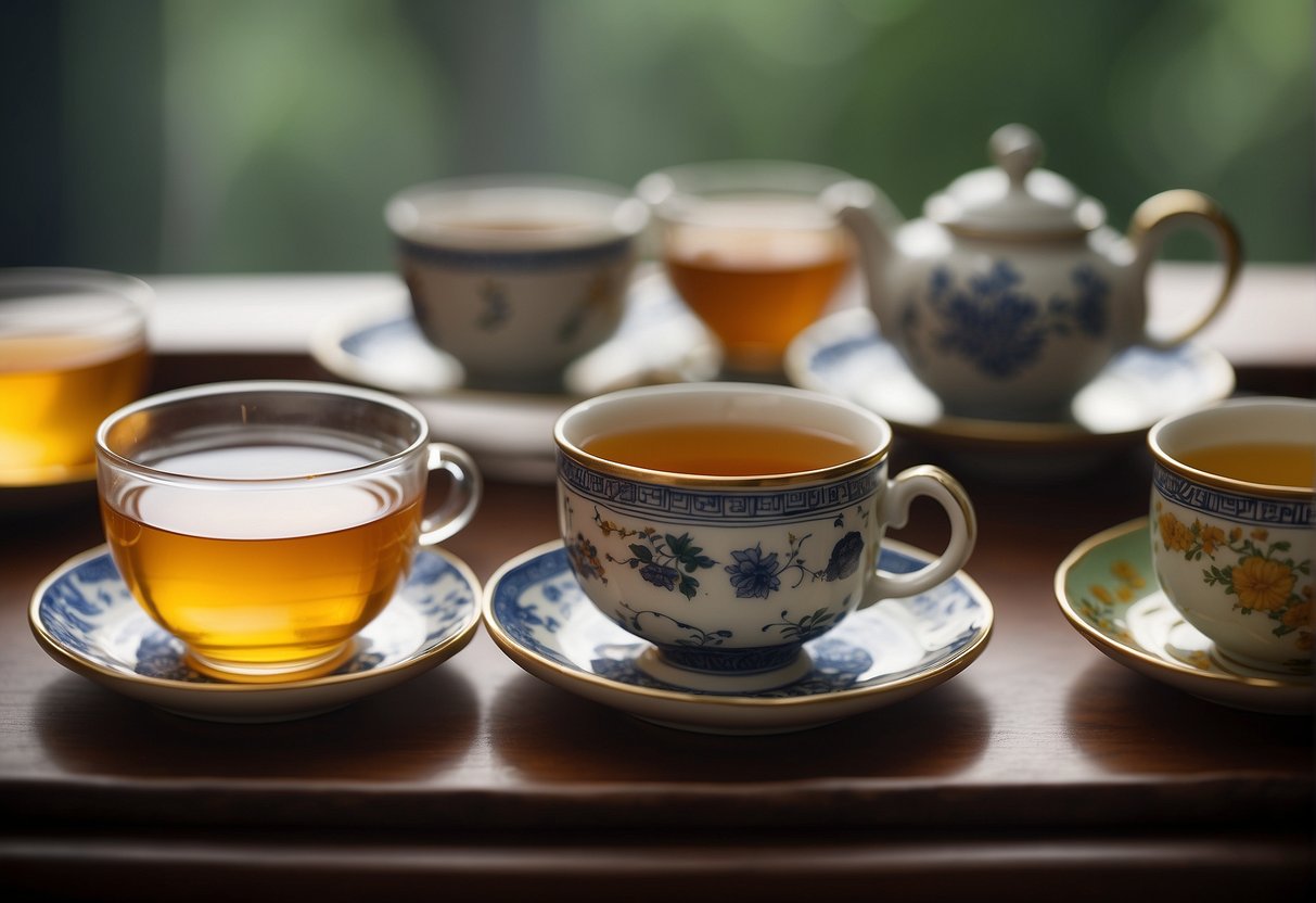 A table set with various colored teas in traditional teaware, showcasing the cultural significance of tea colors