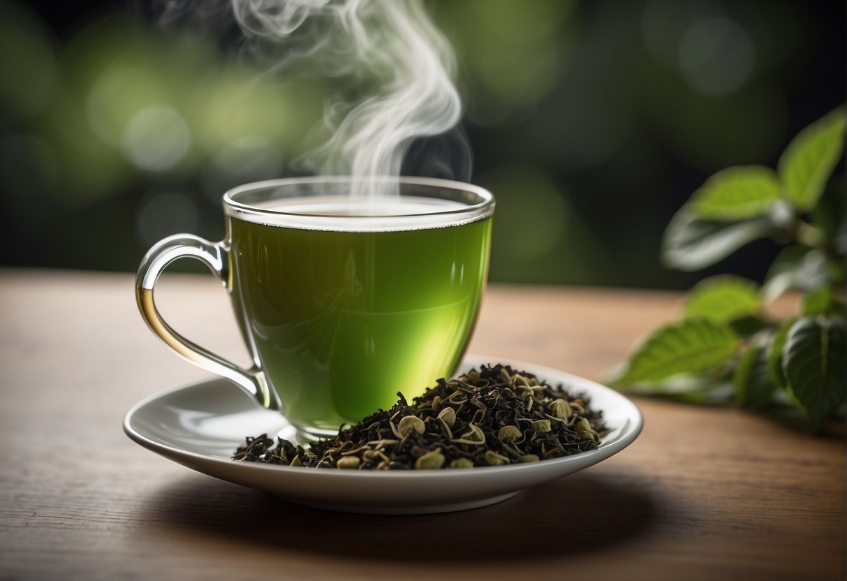 A steaming cup of tea in various colors - green, black, and herbal - with accompanying tea leaves and a color chart
