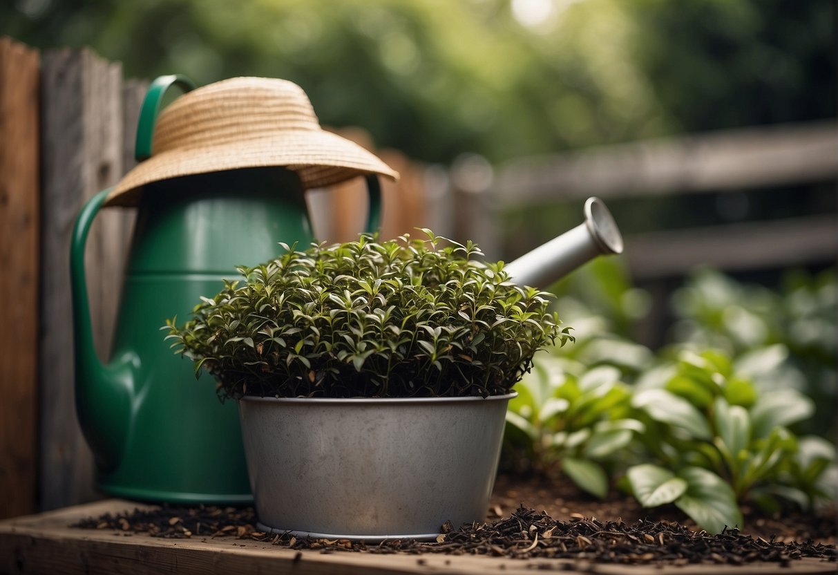 Tea leaves scattered around potted plants, a watering can nearby. A compost bin with a pile of used tea leaves. A gardener's hat hanging on a fence