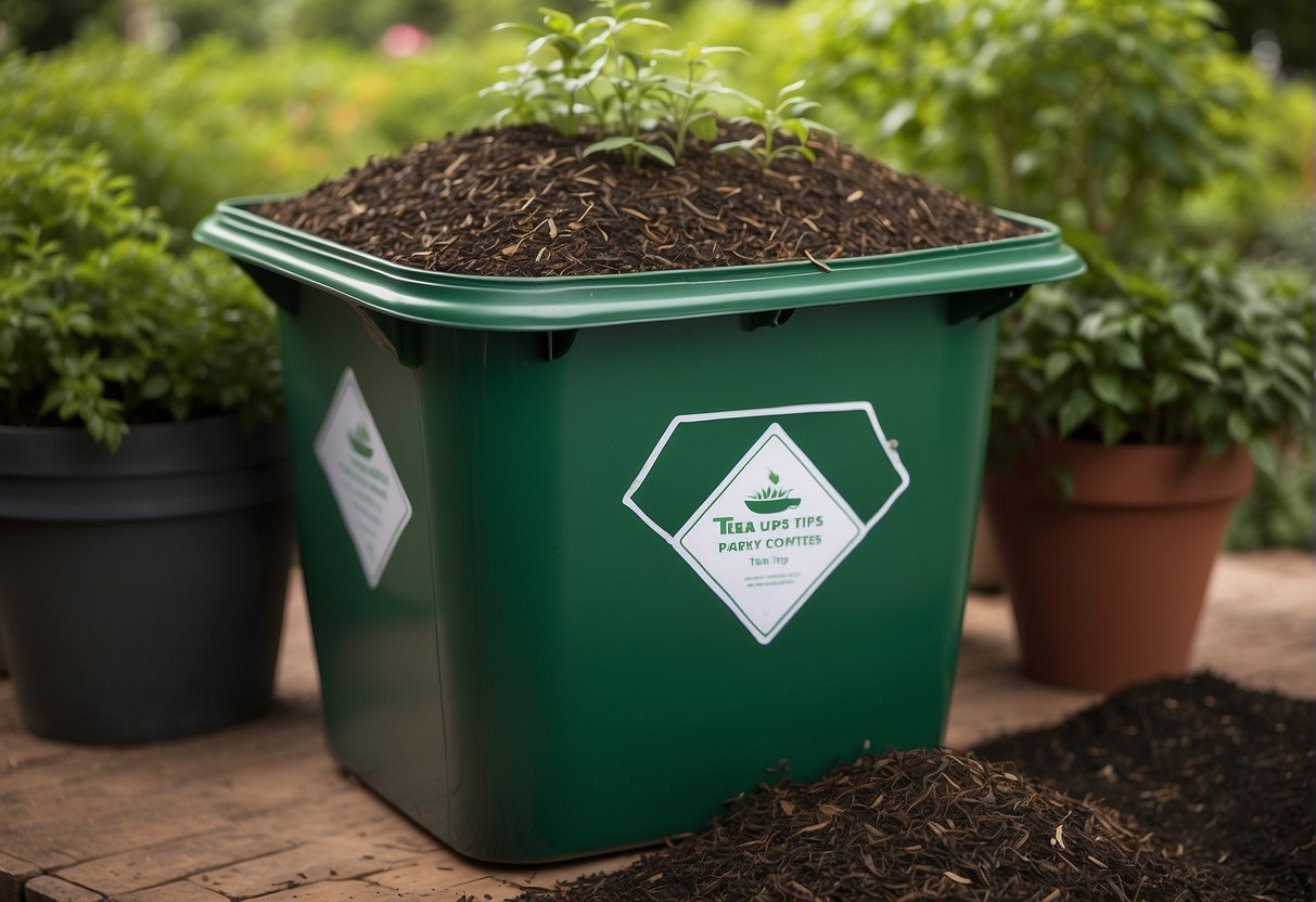 A compost bin filled with used tea leaves, surrounded by potted plants and a small garden. A sign with "Tea Leaf Recycling Tips" is displayed nearby