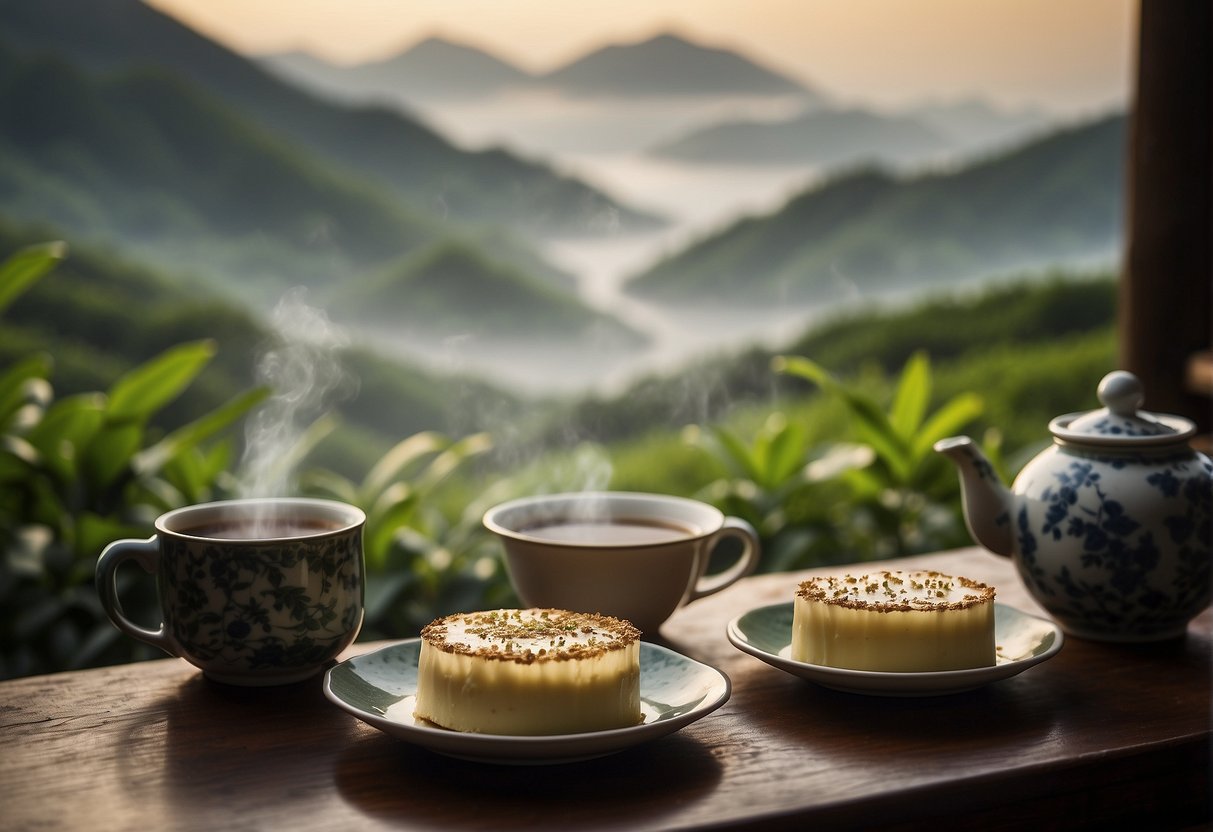 A steaming cup of oolong sits next to a rich, earthy pu erh cake, both surrounded by lush, rolling hills and misty tea gardens