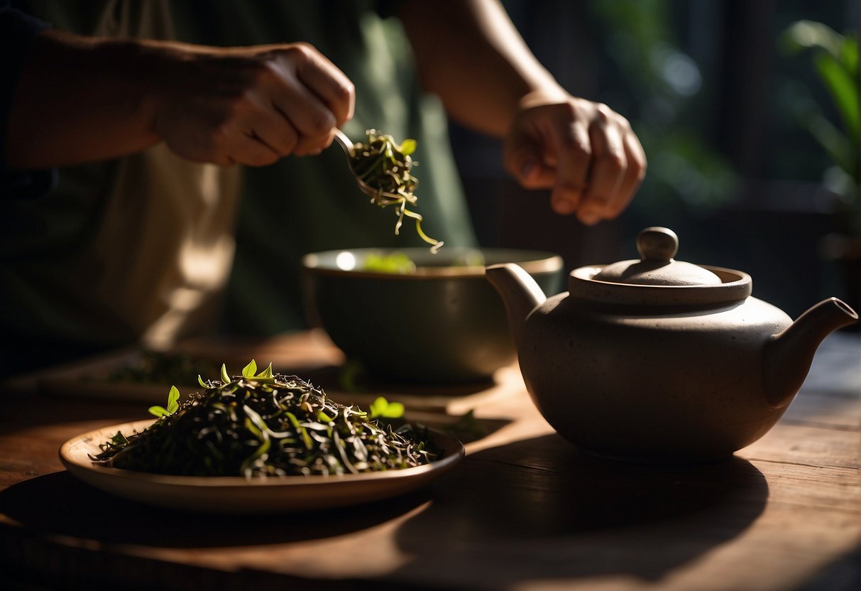 A tea master carefully steeps oolong leaves in a traditional clay pot while a separate pot of pu erh tea is left to ferment in a dimly lit room