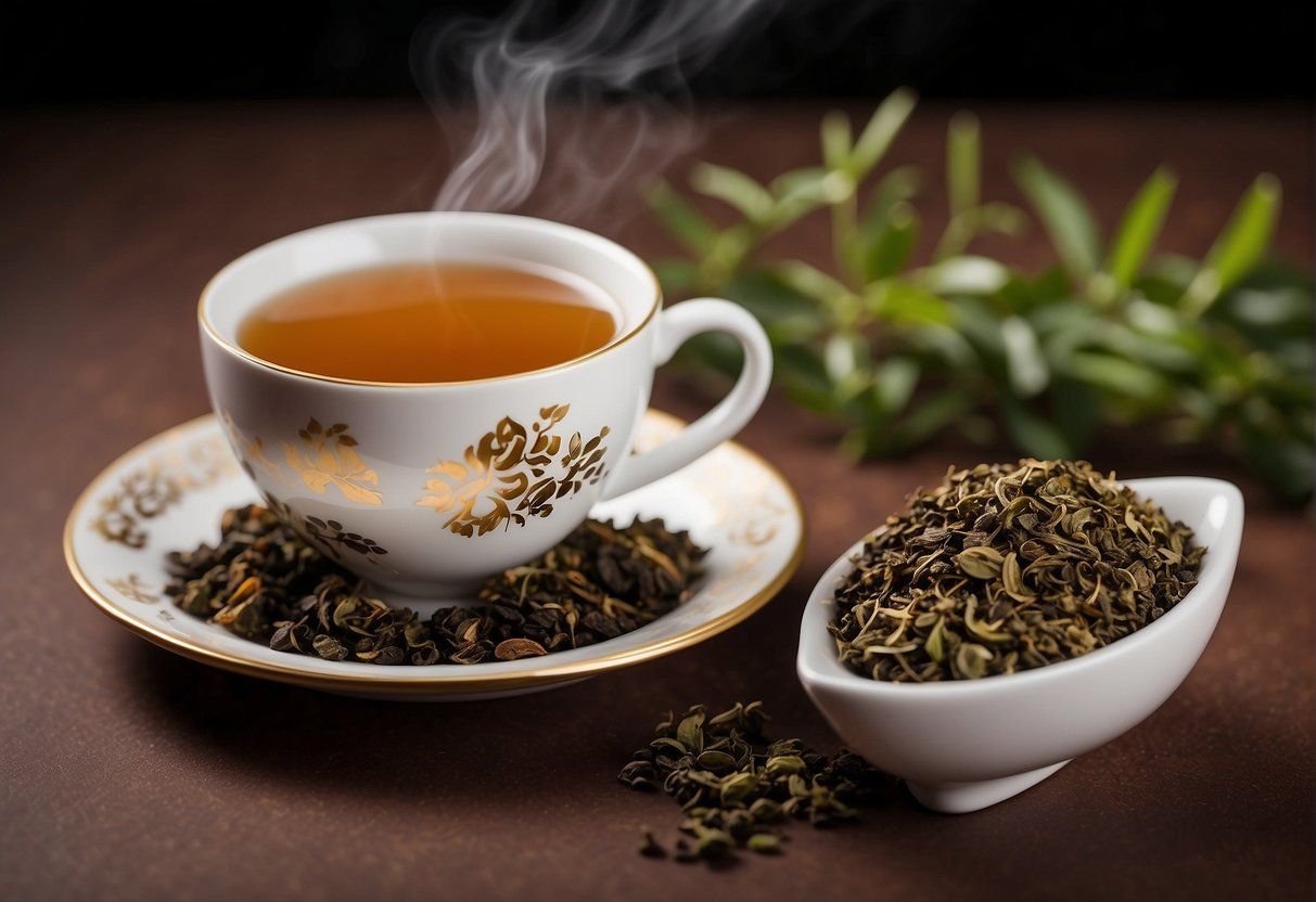 A steaming cup of oolong tea next to a rich, earthy pu erh cake, surrounded by swirling aromas and vibrant tea leaves