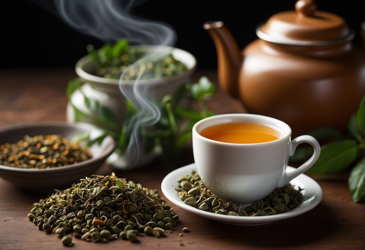 A steaming cup of oolong tea sits next to a pot of pu erh tea, surrounded by fresh green tea leaves and a variety of herbs and spices
