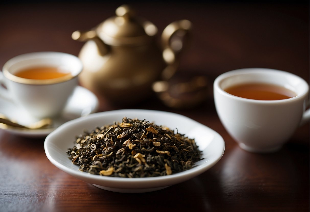 A steaming cup of oolong tea sits next to a dark, earthy pu erh tea. The oolong's color is light and golden, while the pu erh's is deep and rich