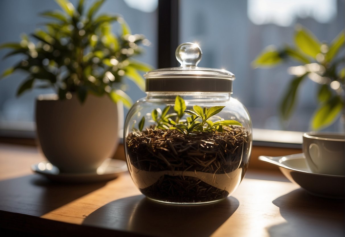 Pu erh tea stored in a clear glass jar on a sunny windowsill, exposed to light and heat. Avoid direct sunlight and store in a cool, dark place