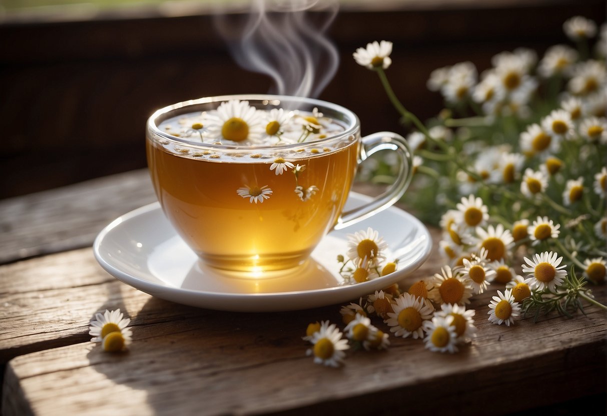 A steaming cup of chamomile tea sits on a wooden table, surrounded by dried chamomile flowers. The aroma of the tea fills the air, evoking a sense of relaxation and comfort
